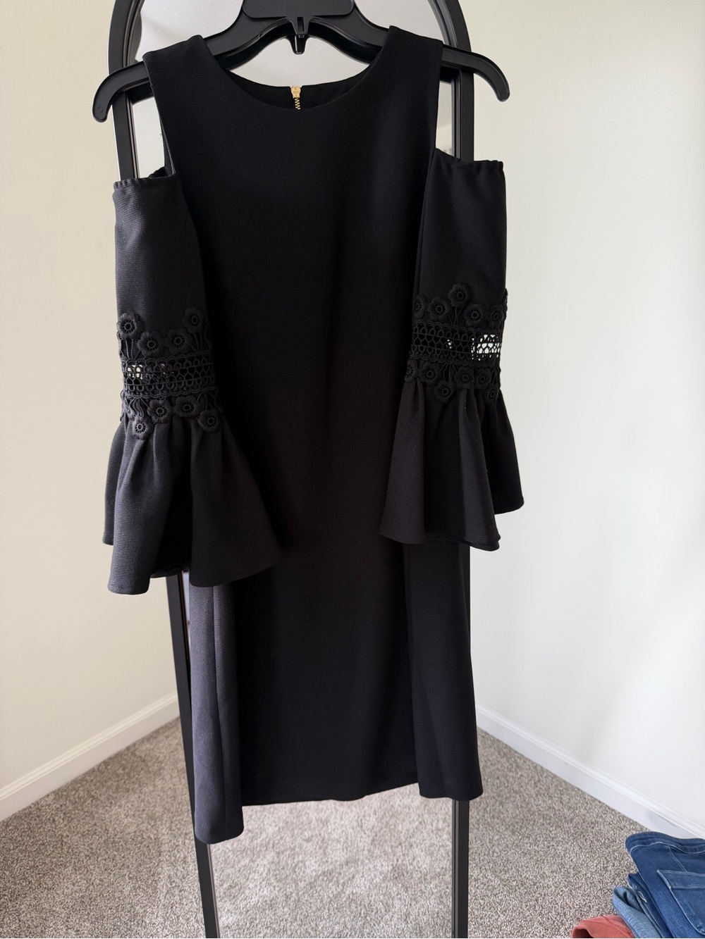 Eliza J Black Cold-Shoulder Midi Dress with Lace Bell Sleeves